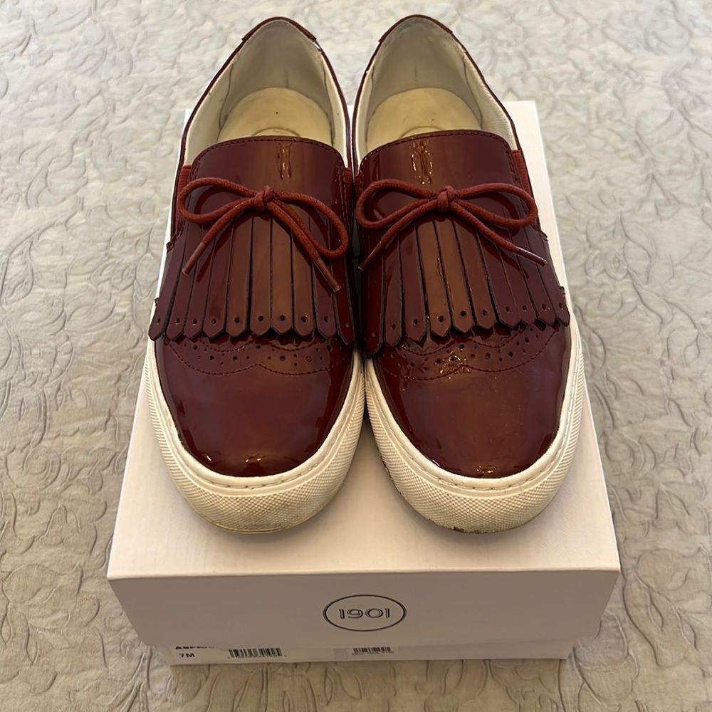 Dark red patent leather sneakers